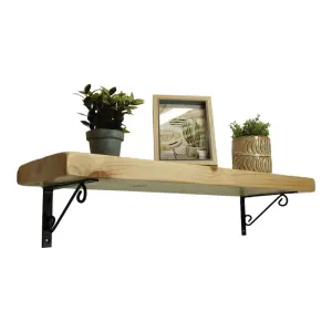 Solid Wood Handmade Rustical Shelf Primed 225mm 9 inch with Black Metal Bracket WOP Length of 60cm