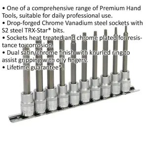 10-Piece TRX Star Socket Bit Set for 3/8-Inch Drive - T10 to T50 with 100mm Long Shafts