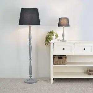 ValueLights Victoria Traditional Grey Wood Candlestick Table Lamp with Black Tapered Shade - LED Bulb Included