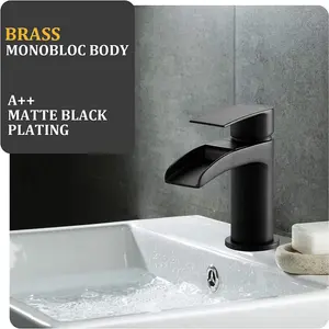 BATHWEST Matte Black Basin Mixer Taps with Pop Up Waste Waterfall Basin Taps with Drain Monobloc Black Faucet