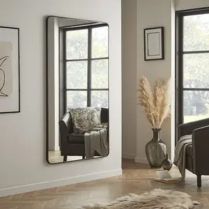 Large Mirror Camden Rectangular Shape, Curved Corner with Black Aluminium Frame- H150cm x W85cm x D3cm for Living room