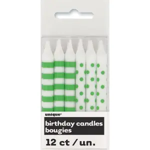 Unique Party Dot And Stripe Happy Birthday Candles (Pack of 12) Green/White (One Size)