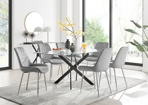 Furniturebox UK Leonardo Black Leg Glass Dining Table & 6 Grey Pesaro Silver Chairs