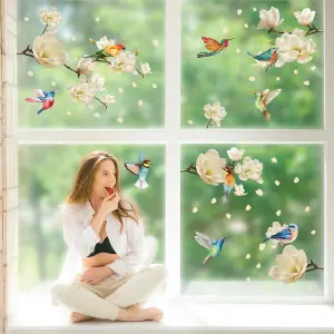 White Magnolia Flowers with Birds Spring Window Clings