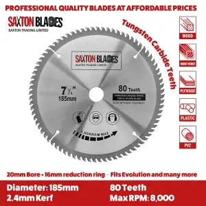 Saxton TCT18580T20B TCT Circular Saw Blade 185mm x 80 Teeth x 20mm Bore + 16mm ring