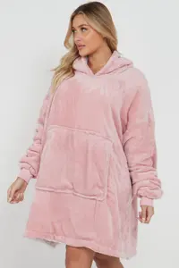 Oversized Wearable Blanket Hoodie Teddy Fleece Fluffy Sherpa Hooded Sweatshirt Blanket with Pocket for Men & Women (Blush Pink)