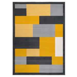 Ochre Grey Block Geometric Living Room Rug 80x150cm