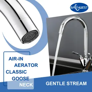 BATHWEST Kitchen Taps Mixer Swan Neck Dual Lever 360 Swivel Kitchen Mixer Tap Multi-Layer Chrome Brass Kitchen Sink Tap