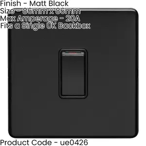 1 Gang 20A Single Light Switch SCREWLESS MATT BLACK 2 Way Slim Rocker Plate