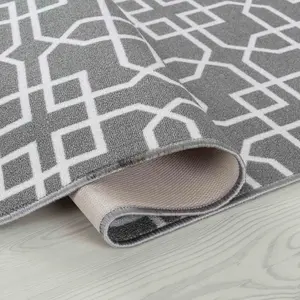 Machine Washable Cubed Trellis Design Anti Slip Doormats Grey Cream 80x300 cm