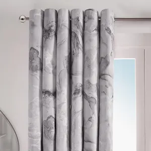 Marble Blackout Eyelet Curtains Pair of Ring Top Thermal Panels, Grey - 66X72"