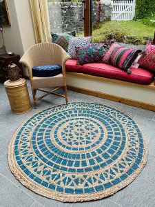 MANDALA Pattern Round Turquoise Rug with Block Print - Jute - L150 x W150