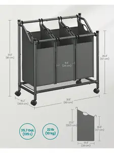 SONGMICS Rolling Laundry Sorter, Laundry Basket With 3 Removable Bags, Laundry Hamper, Laundry Trolley, For Laundry Room