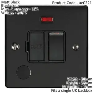 13A DP Switched Fuse Spur & Flex Outlet MATT BLACK & Black Mains Isolation