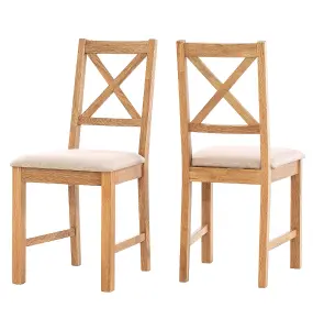 Hallowood Furniture Pair of Oak Small Cross Back Chairs with Beige Fabric Seat