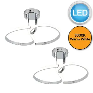 First Choice Lighting Set of 2 Polished Chrome LED Curve Flush Ceiling Lights