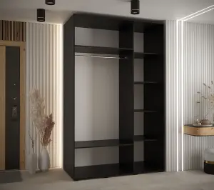 Sleek Black Mirrored Cannes XIII Sliding Wardrobe H2050mm W1500mm D600mm with Custom Black Steel Handles and Decorative Strips