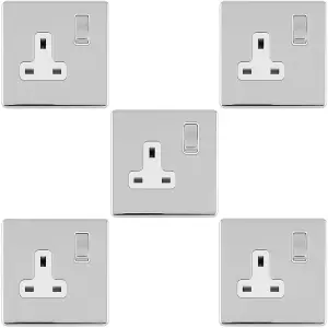 5 PACK 1 Gang DP 13A Switched UK Plug Socket SCREWLESS POLISHED CHROME Power