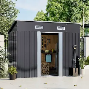 238cm W Charcoal Black Steel Outdoor Garden Storage Shed with Double Doors, 8 x 4 ft