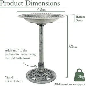 Garden Bird Bath Ornate Resin Birdbath With Rustic Metal Effect H60cm Grey Christow