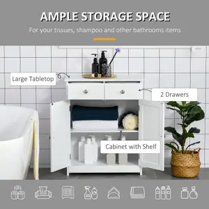 kleankin Bathroom Floor Storage Cabinet w/ 2 Drawers Door Cupboard White