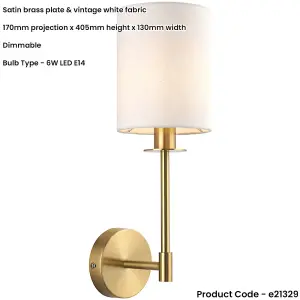 Satin Brass Dimmable Wall Light - Modern Vintage White Cylinder Shade - 6W LED E14