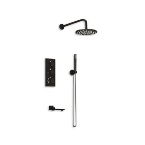 Black Round Wall-mount 3 Way Handheld Head and Rainfall Shower Head Concealed Thermostatic Mixer Shower Set