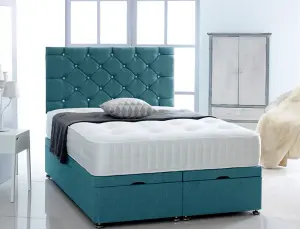 2FT6 Small Single Teal Chenille   Foot Lift Ottoman Bed With Headboard & Mattress