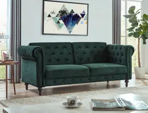 Calgary Velvet Sofa Bed Chesterfield Style 3 Seater Sofa Button Design, Dark Green