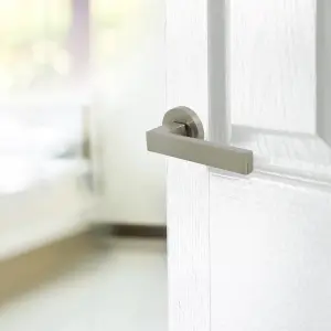 Cafri Door Handle Modern Satin Nickel Rectangular Lever on Rose Internal + 64mm Latch & Hinges