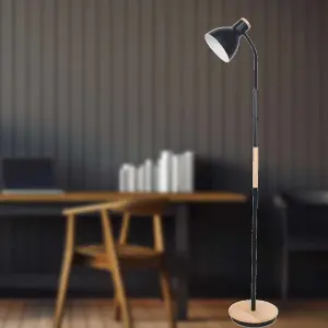 First Choice Lighting Clark Black with Wood Detail Flexi Arm Reading Floor Lamp