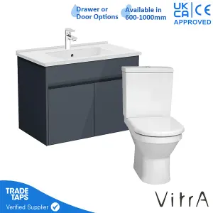 VitrA 800mm Wall Hung Bathroom Vanity Unit with 2 Doors Includes Basin, Chrome Tap and Close Coupled Toilet Set - Grey Gloss