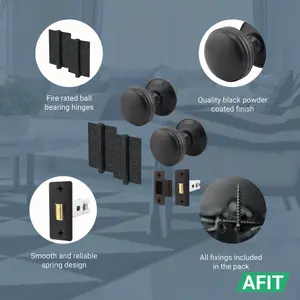 AFIT Lined Door Knob Set Matt Black - 4 Pairs of Mortice Knobs (55mm), Latch (76mm) & Hinges (76mm) for Internal Doors