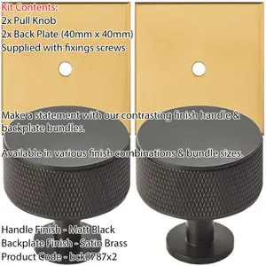 2 PACK - Cabinet Door Knob & Contrasting Backplate Set - Knurled Kitchen Pull - Matt Black & Satin Brass