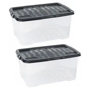 3 x 30 Litre Clear Transparent Base Stackable Curve Underbed Plastic Storage Boxes With Black Lids