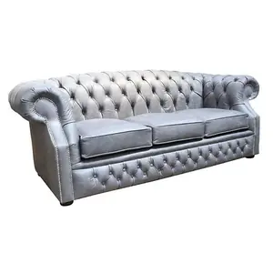 Chesterfield 3 Seater Sofa Cracked Wax Ash Grey Leather In Buckingham Style