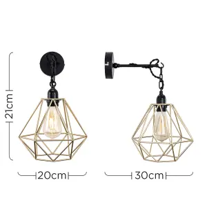 ValueLights Huber Satin Black Wall/Ceiling Light Fitting with Gold Metal Cage Shade and 4w LED Bulb In Warm White