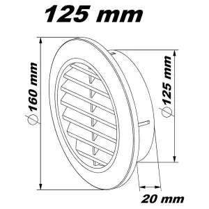 Black Louvred Wall Vent Grille with Flyscreen for 125 mm / 5" Round Wall Outlet - Air Ventilation Duct Cover with Flange