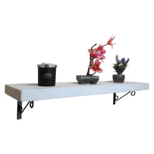 Solid Wood Handmade Rustical Shelf White 225mm 9 inch with Black Metal Bracket WOP Length of 110cm