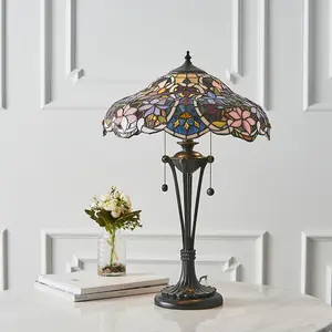 Floral Tiffany Glass Design Table Lamp Light - Dark Bronze Effect Lampholder