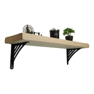 Solid Wood Handmade Rustical Shelf Unprimed 225mm 9 inch with Black Metal Bracket WAT Length of 220cm