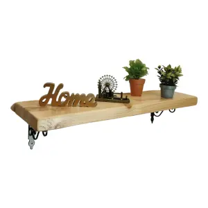 Solid Wood Handmade Rustical Shelf Primed 225mm 9 inch with Black Metal Bracket WOZ Length of 40cm