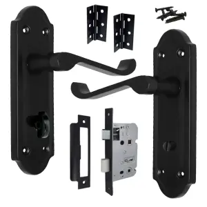 Ashford Door Handle Bathroom Lock Scroll Lever - Matt Black Bath Pack Hinges