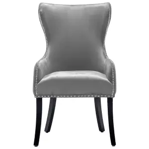 Grey Velvet Dining Chair Studded Design Accent Chair Kitchen Chair with Wooden Legs