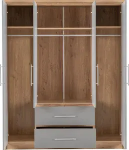 Seville 4 Door 2 Drawer Wardrobe Grey High Gloss and Light Oak Effect Veneer