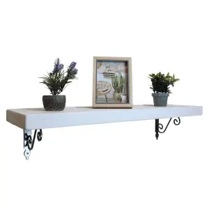 Solid Wood Handmade Rustical Shelf White 145mm 6 inch with Silver Metal Bracket WOZ Length of 200cm