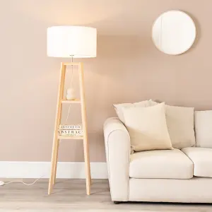 ValueLights Wakefield Two Storage Shelf Wooden Floor Lamp with White Fabric Shade and LED Bulb