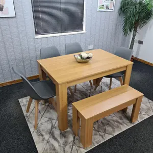 Dining Table and 4 Chairs With Bench Oak Effect Wood 4 Grey Plastic Leather Chairs Dining Room