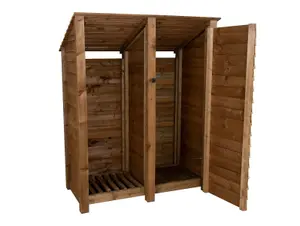 Wooden tool and log store (roof sloping back), garden storage W-146cm, H-180cm, D-88cm - brown finish