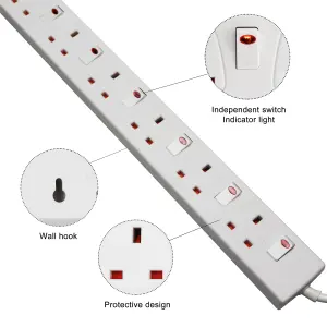 Extrastar 6 Way 13A, 2M, White, with Indicate Light, Individual Switch, Child-Resistant Sockets